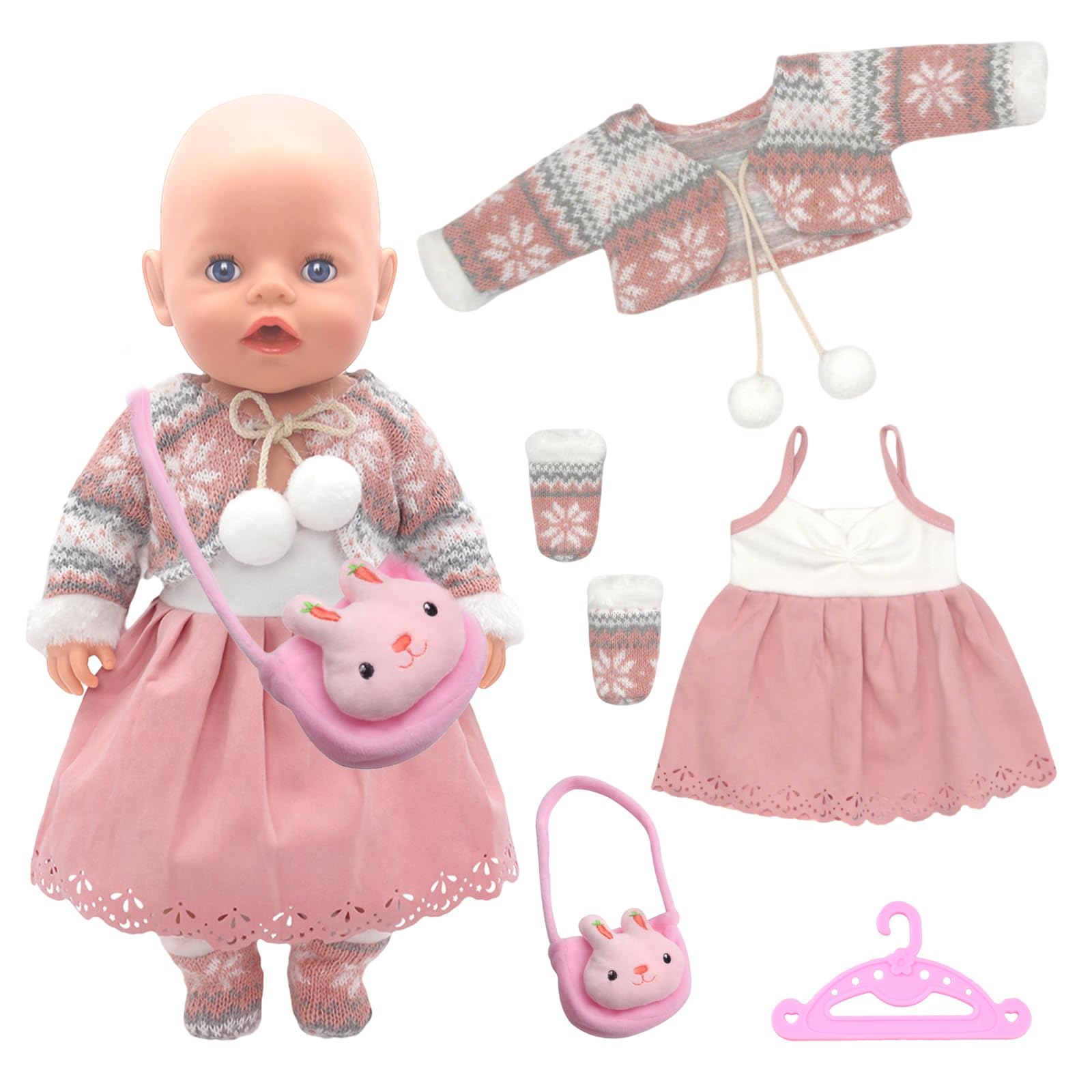Doll Clothes for 14-16Inch Baby Dolls, 5 Pcs Sweet Doll Outfits Accessories Included Coat, Dress, Socks, Hanger, Little Bunny Plush Bag, for 30-45cm Dolls Girls Birthday Gifts (Pink)