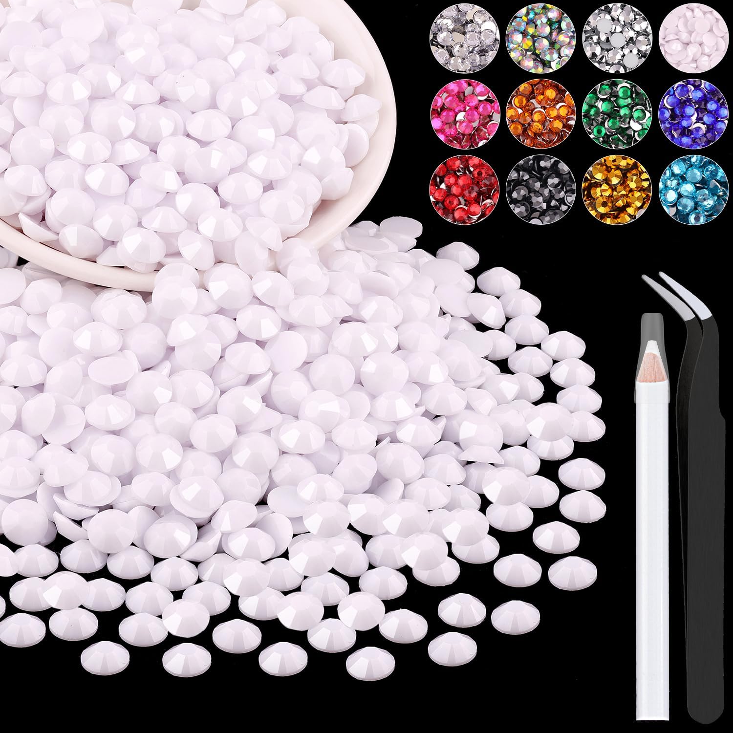 BELLEBOOST 1200PCS 6mm Resin Rhinestones in Bulk (White), Bedazzling Flatback Crystals for Crafts DIY Nail Decoration, Gems Charms for Tumbler Shoes Clothing Fabric with Pickup Pen and Tweezers