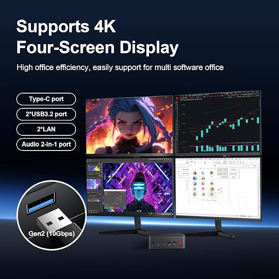 Mini PC Window 11, 16GB DDR5 512GB M.2 SSD Portable Computer, Multi-Port, Support Four Displays Synchronous Asynchronous Display. Pre-Installed Windows 11 Pro Suitable Office/Home
