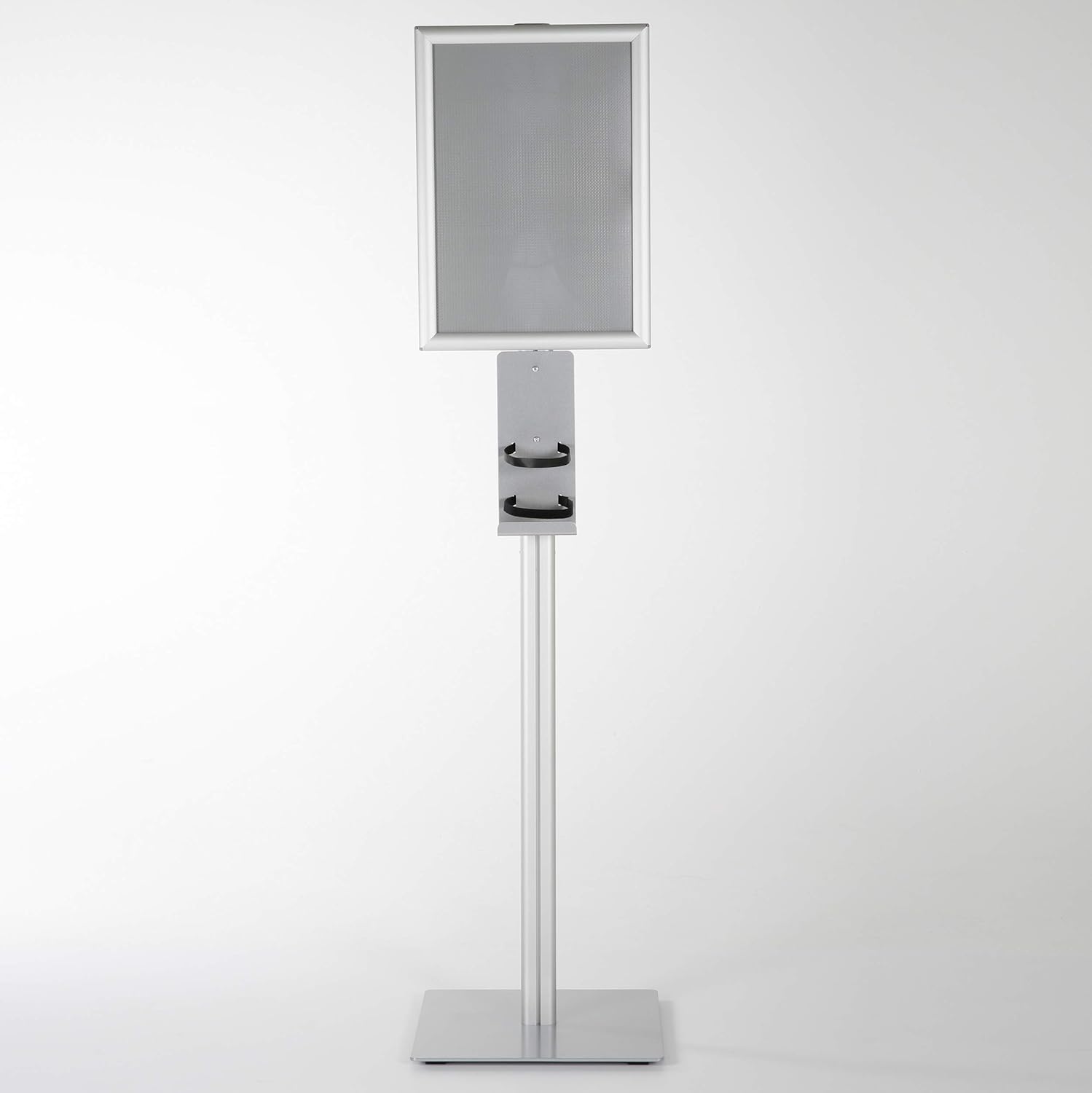 M&T Displays Floor Stand Universal Holder for Liquid/Lotion Soap or Hand Sanitizing Products, Face Mask, Disposable Glove, Facial Tissue with 11x17 Inch Opti Snap Frame Message Sign Post