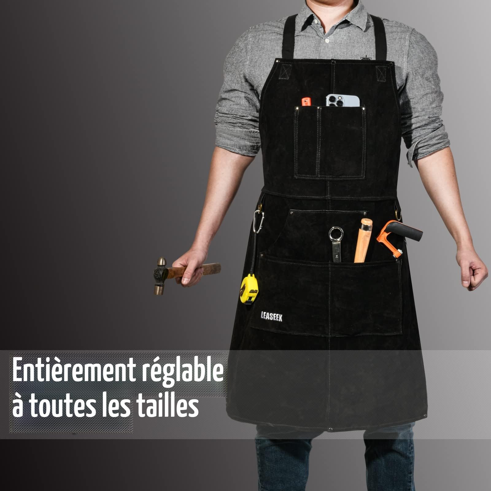 Leaseek Tablier de Soudure, Tablier de Travail en Cuir de Vachette avec 6 Poches, résistant à la chaleur et ignifuge, Bretelles Réglables de M à XXXL pour Hommes et Femmes，Noir