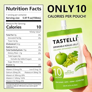 Tastelli Konjac Jelly Infused with Collagen & Vitamin C | Gluten Free, Sugar Free, Low Calorie | Vegan Drinkable Fruit Jelly Snack | Apple Green Grape | 150mL x 10 Pouches