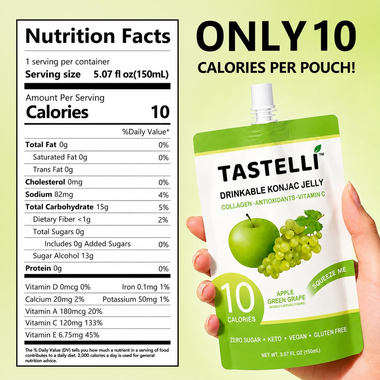 Tastelli Apple Green Grape Konjac Jelly with Collagen & Vitamin C | Sugar Free Gluten Free Low Calorie | Vegan Fruit Snack | 150mL x 10 Pouches image 2