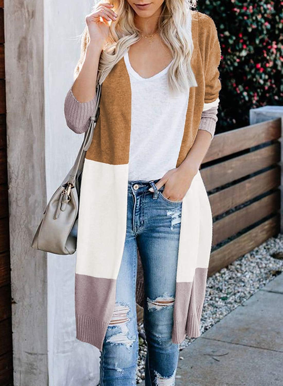 CARDYDONY Women's Long Cardigan Open Front Color Block Cardigan Knit Sweaters - Image 2