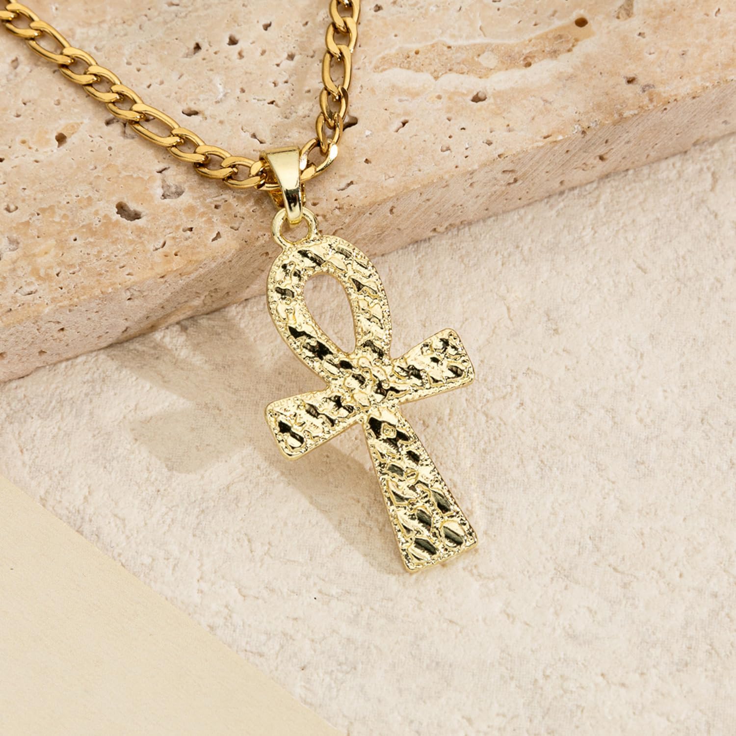 Diamond-Cut Ankh Cross Pendant Necklace for Women Men 14K White Gold Plated Stainless Steel Figaro Chain Textured Egyptian Cross Necklace - Image 3