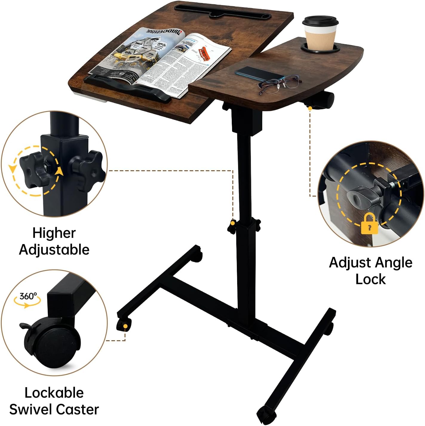 Medical Adjustable Overbed Bedside Table with Wheels, Mobile Standing Desk Laptop Computer Cart with Phone Holder and Drawer for Hospital and Home Use
