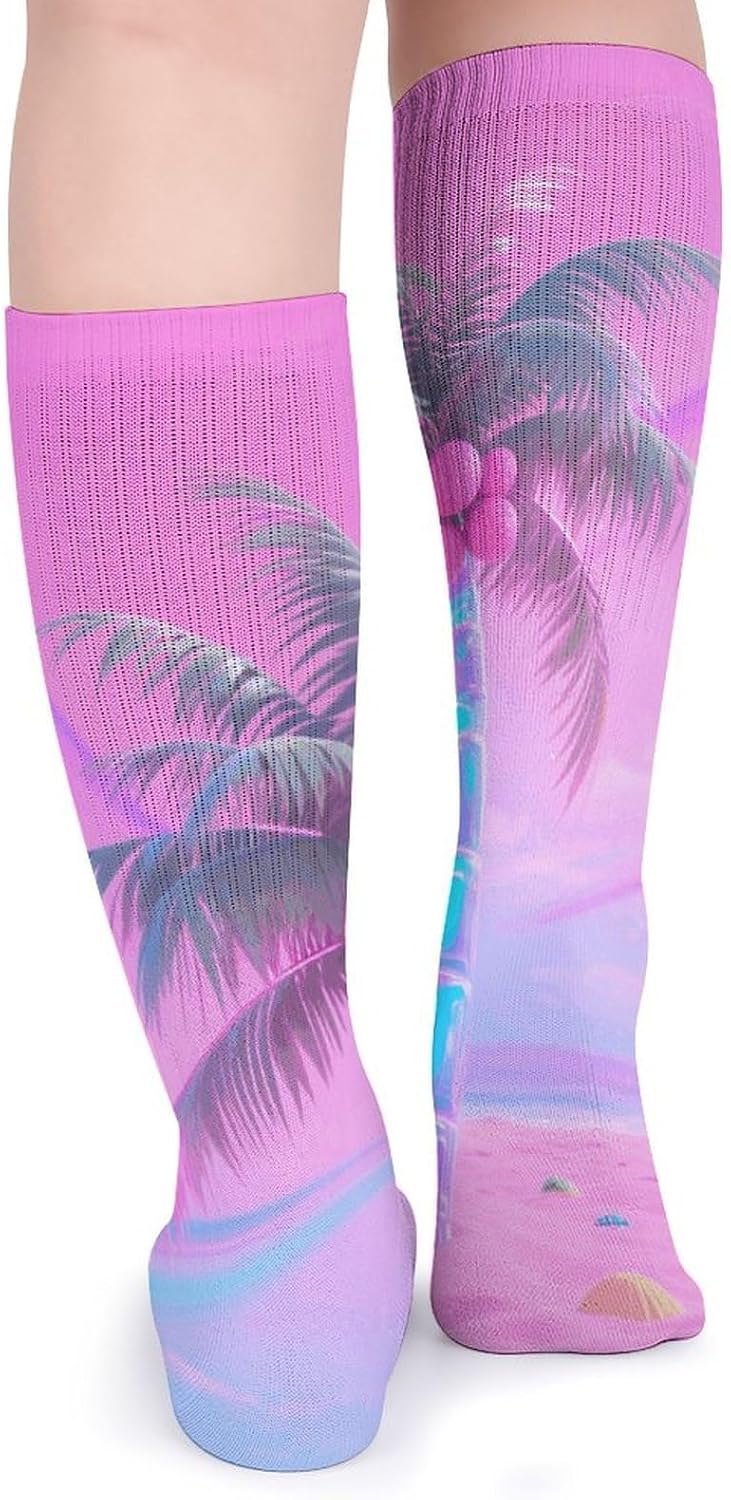 5-Pack Knee High Socks, 15.7 Inch Breathable Casual Socks Hologram Palm & Pink Sand Stockings for Men Women