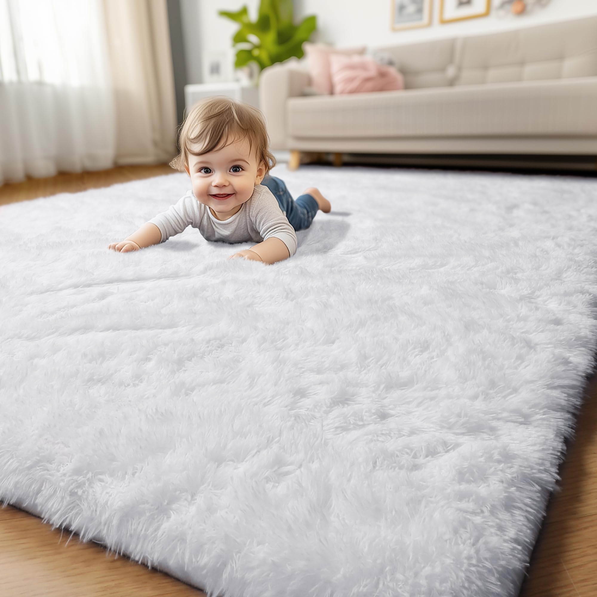 Amdrebio White Runner Rug for Bedroom,3'X5',Fluffy Shag Rug for Living Room,Bedside Rug for Kids Room,Shaggy Throw Rug for Nursery Room,Fuzzy Plush Rug,White Carpet,Rectangle,Cute Room Decor for Baby