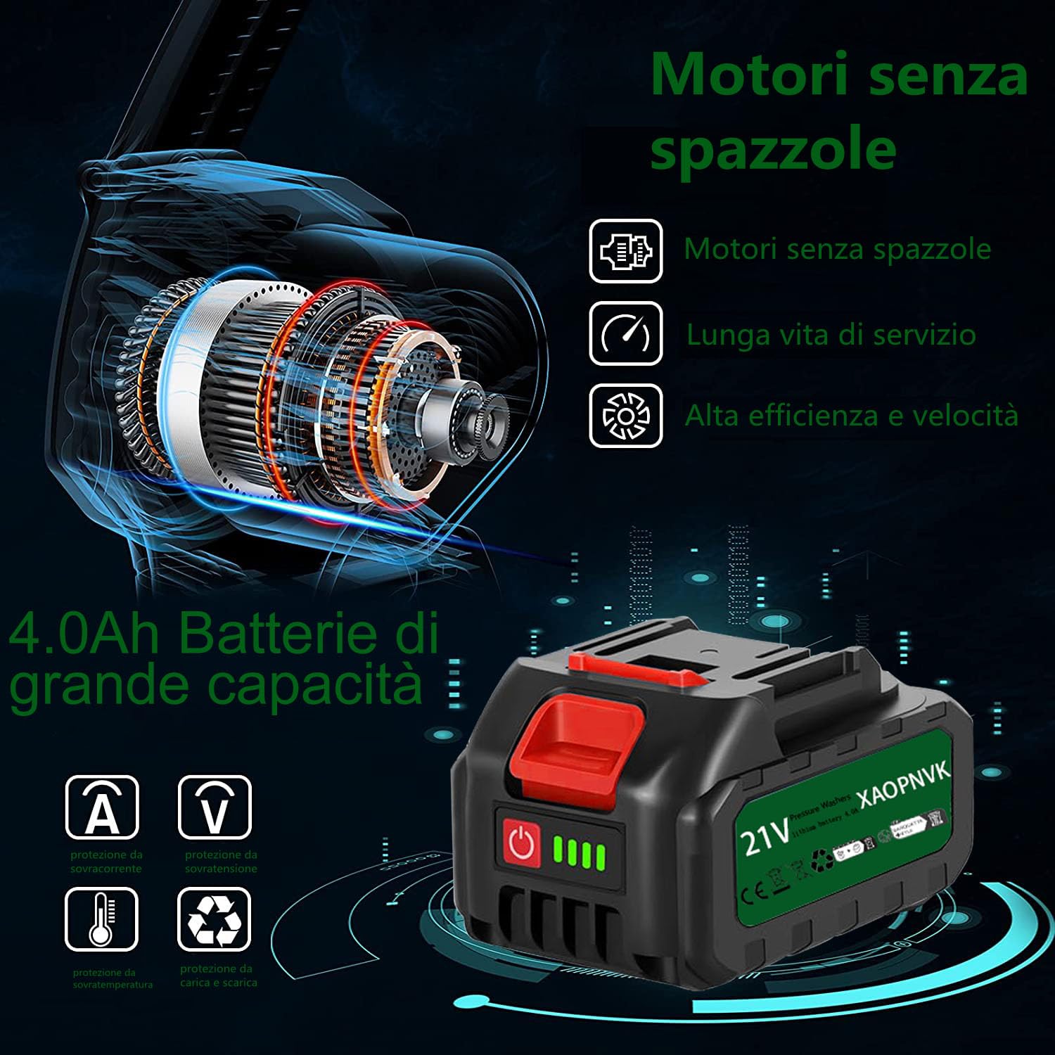 Idropulitrice Portatile a Batteria, Idropulitrice per Auto Cordless da 60 Bar con 2 Batterie, Ugello 6 in 1,Tubo da 5 Metri, per L'irrigazione, Pulizia, Lavaggio auto, Lavaggio Pavimenti(Nero)