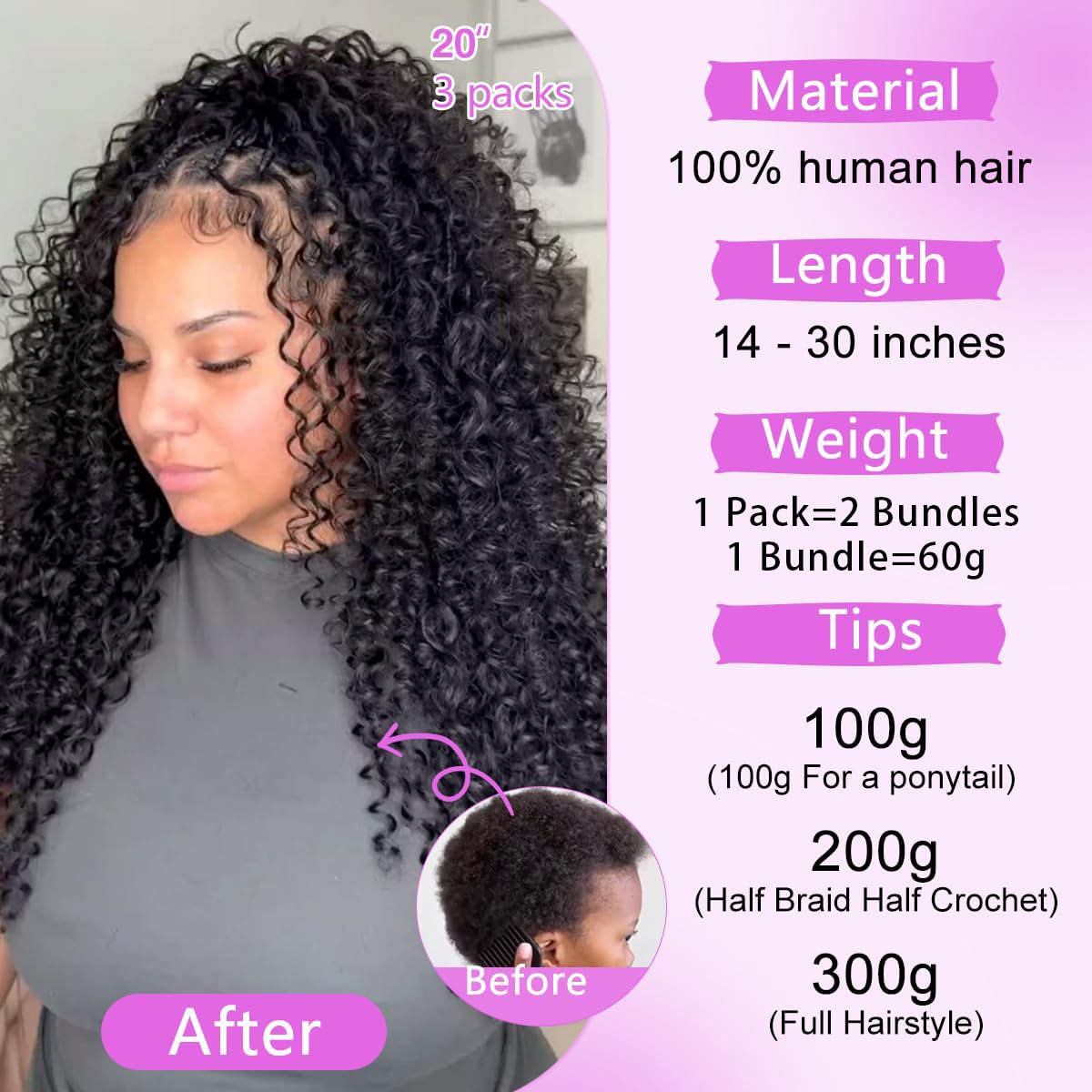 Human Crochet Hair for Black Women Deep wave Crochet Human Hair Bundles 24 Inch 120g Pre-Separated Feather Crochet Human Hair Natural Black