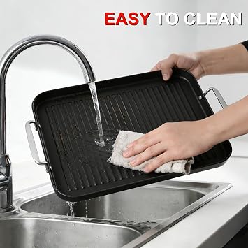 21 x 13 Cast Iron Double Burner Griddle, Non-Stick Stovetop Griddle Pan | Ribbed Surface Stove Top Grill Pan with Stainless Steel Handle, Oven Safe for Gas Electric Stove, BBQ Camping
