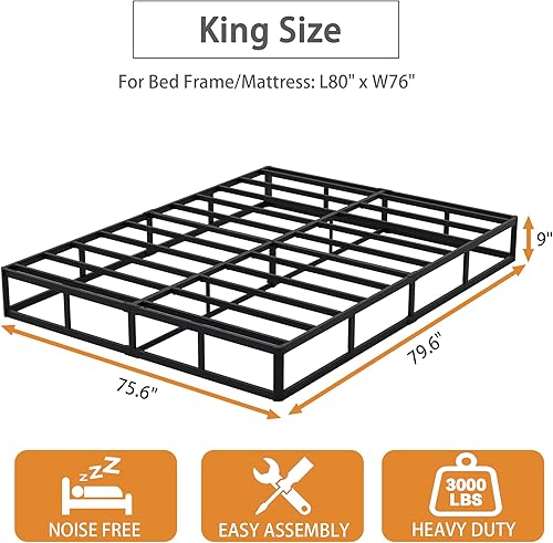 Miniatura 2 de Base de Cama King Box Spring de 9 Pulgadas, 3000lbs Somier Extra Resistente King Size Base de Colchón de Metal, Montaje Fácil Sin Herramientas, Sin