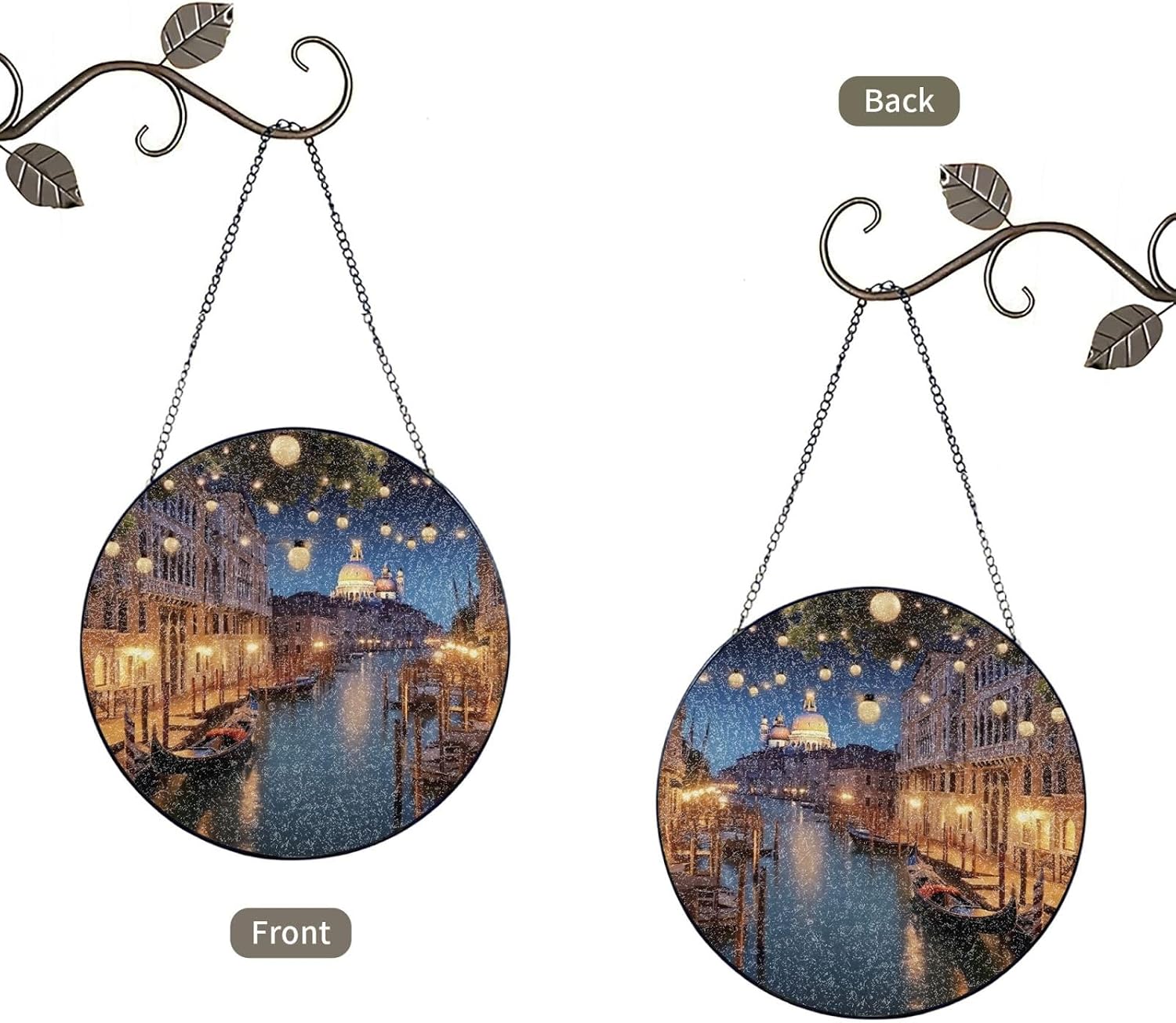 Stained Glass Window Hanging 10in（25cm）, Beautiful Venice at Night Sun Catchers Indoor Window, Stained Glass Suncatcher Ornament with Metal Chain, Wall Art Home Decor Gift for Women Mother's Day