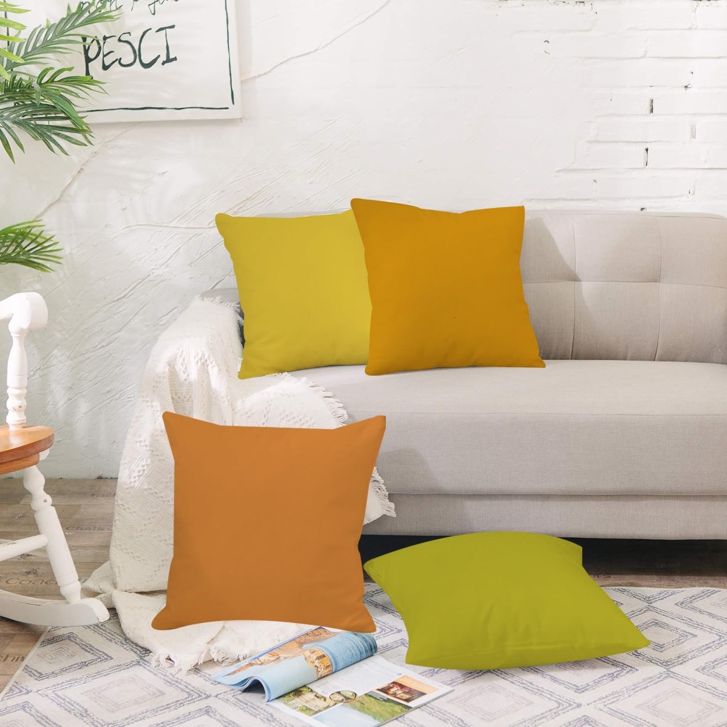 ggaimwf Solid Color Linen Look Cushion Covers for Sofa Orange Gradient Throw Pillow for Bed Fallen Leaf Style Yellow Color Handmade Square Cushion Cases with Invisible Zipper - Image 3