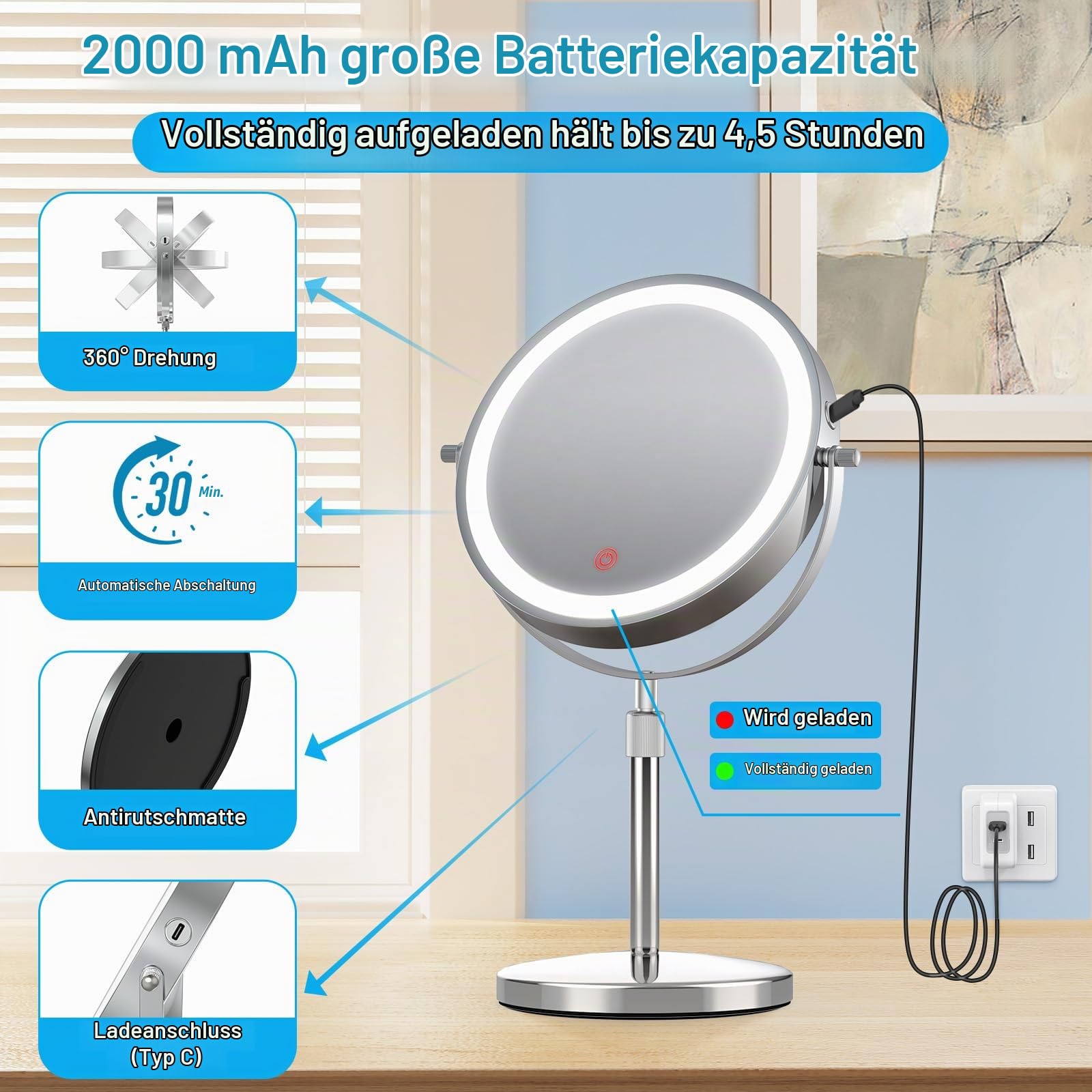 TopDirect 8 Zoll Schminkspiegel mit Beleuchtung, 35–45 cm Höhenverstellbarer Kosmetikspiegel, 1X/10X Vergrößerung, 3 Lichtfarben und 360° Schwenkbar, Aufladbar Doppelseitiges Vergrößerungsspiegel