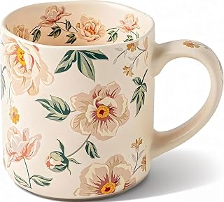Floral Ceramic Coffee Mug，17oz Vintage Floral Design Pottery cute cups，Microwave & Dishwasher Safe-Unique Ideal Gift for Women (peony)