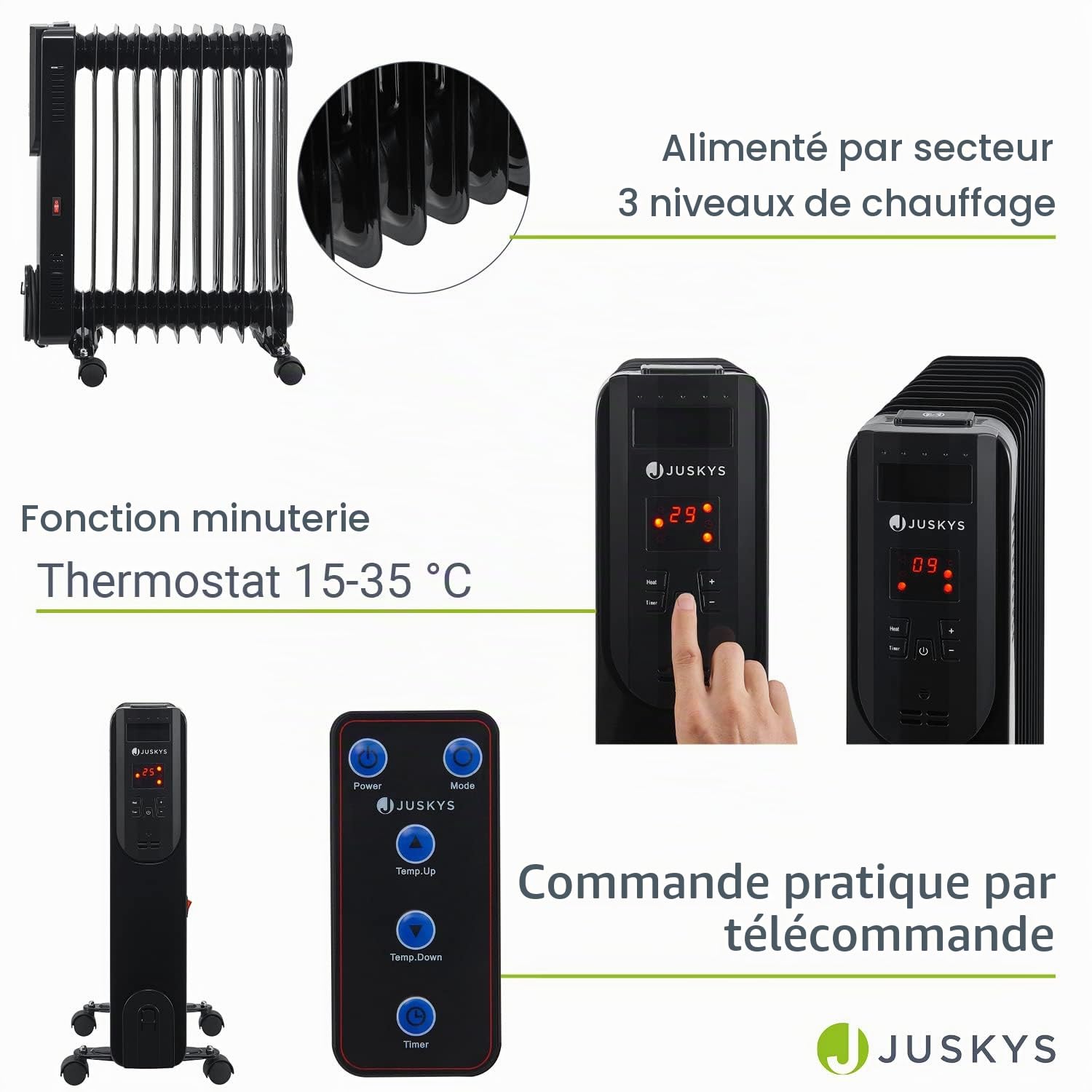 Juskys chauffage électrique radiateur à l'huile 2 500 watts - chauffage électrique avec 3 niveaux, thermostat, minuterie 12 h et protection contre la surchauffe - radiateur noir