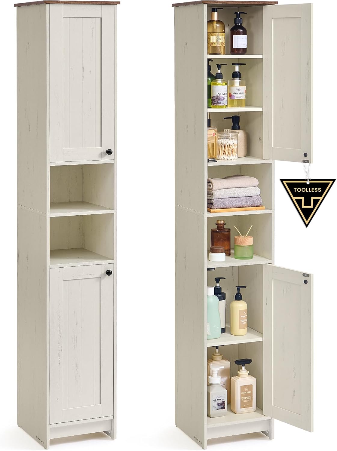 SONGMICS HOME 67" Tall Bathroom Storage Cabinet, Superfast Toolless Assembly, 11.8" Wide Slim Narrow Freestanding Cabinet with Adjustable Shelves, for Kitchen Living Room, Rustic White UBBC667WJ02S