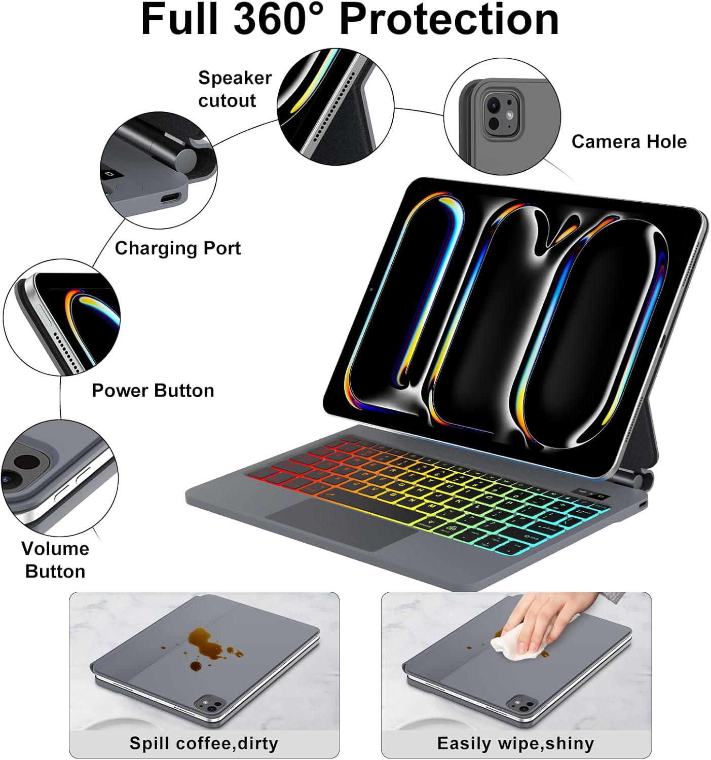 Images showing how to clean the keyboard case, with one image depicting a coffee spill and another showing it being easily wiped clean.