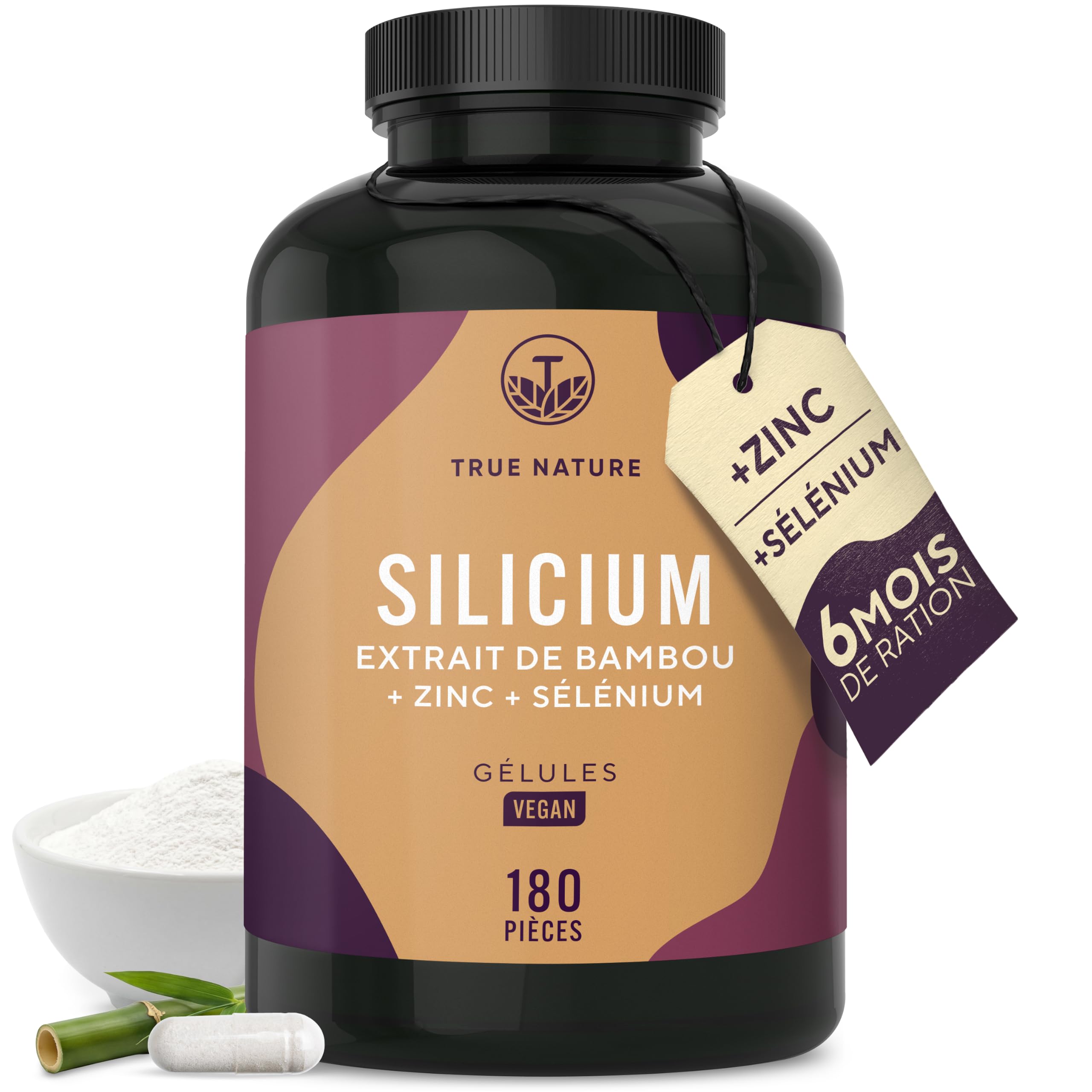 Gélules de Silicium - 180 Gélules pour 6 Mois - Hautement Dosées - Avec Zinc & Sélénium - Silicium Organique Hautement Dosé à partir d’Extrait de Bambou Indien - 643 mg - Végan - TRUE NATURE