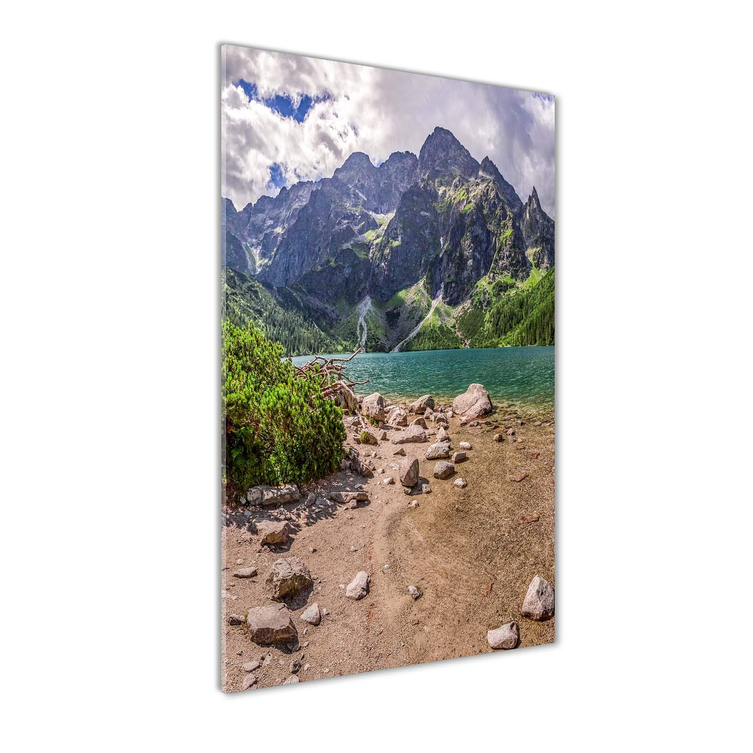 Tableau sur verre 60x120 cm paysage de lac et montagnes vert décor panoramique
