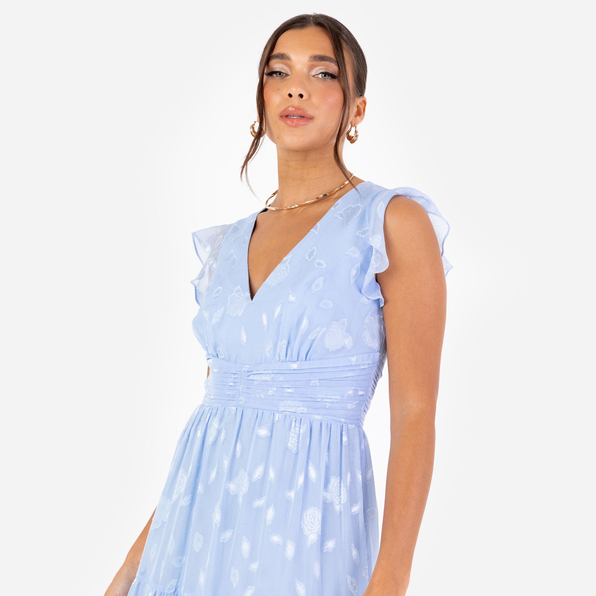 Women's Maxi Dress Ladies V-Neck Flutter Sleeve Floral Tiered Ruffle Bridesmaid Wedding Guest Prom Evening Occasion
