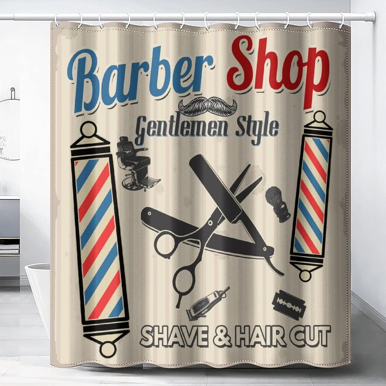 Barber Shop Waterproof Fabric Shower Curtain,Vintage Hair Cut and Shave Barbershop Beauty Salon Decor Soft Hotel Quality Cloth Shower Light-Weight & Machine Washable - 72L x66W