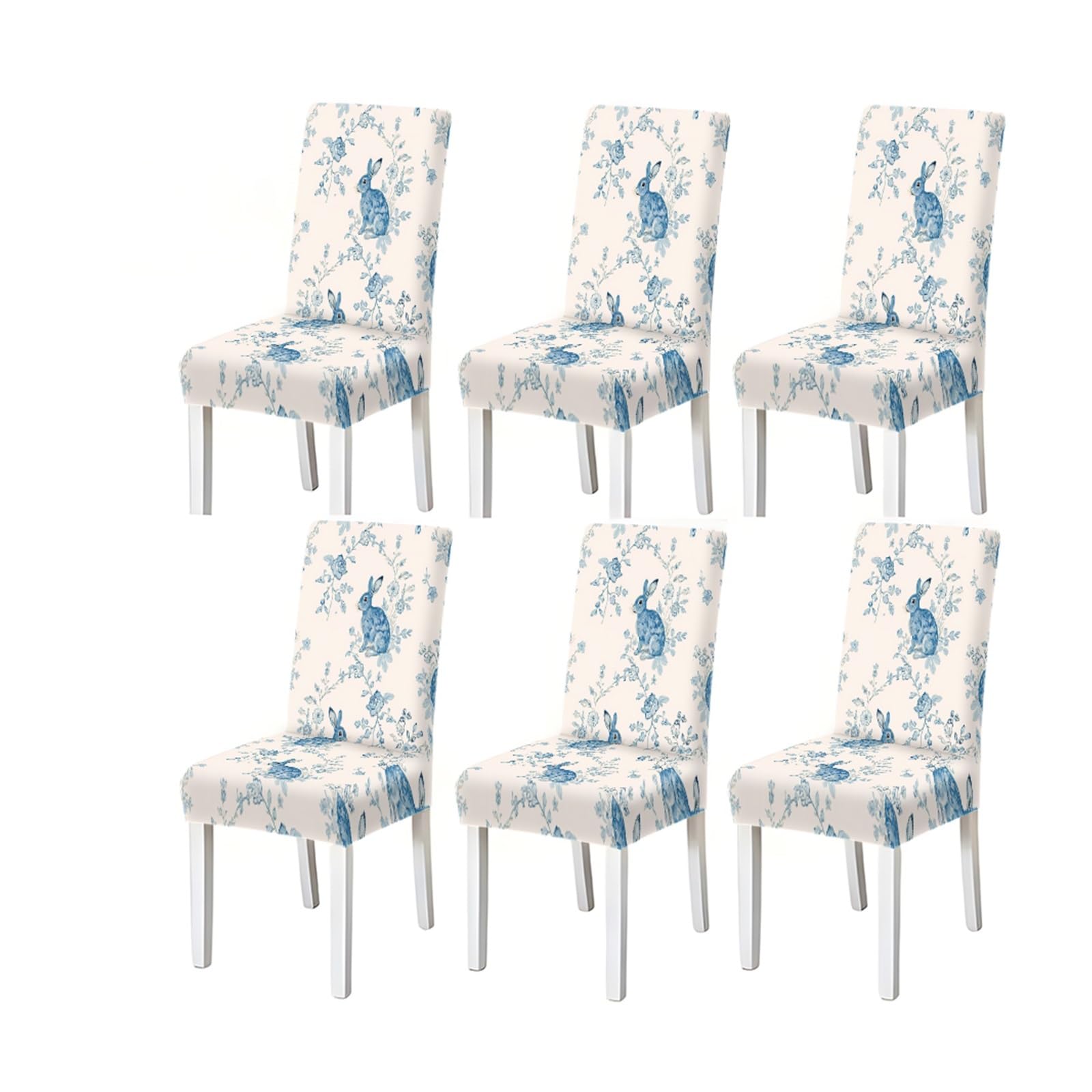 KXUAUV Blue White Rabbit Floral Vine Pattern Print Dining Chair Covers Set Of 2/4/6, Vintage Stretch Slipcovers For Kitchen Dining Room Seat Protectors for Restaurant Hotel Party(6PCSChair cover)