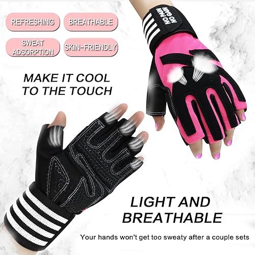 Miniatura 2 de Guantes de levantamiento de pesas para mujer, entrenamiento de gimnasio con soporte de muñeca, guantes acolchados de medio dedo para ejercicio de