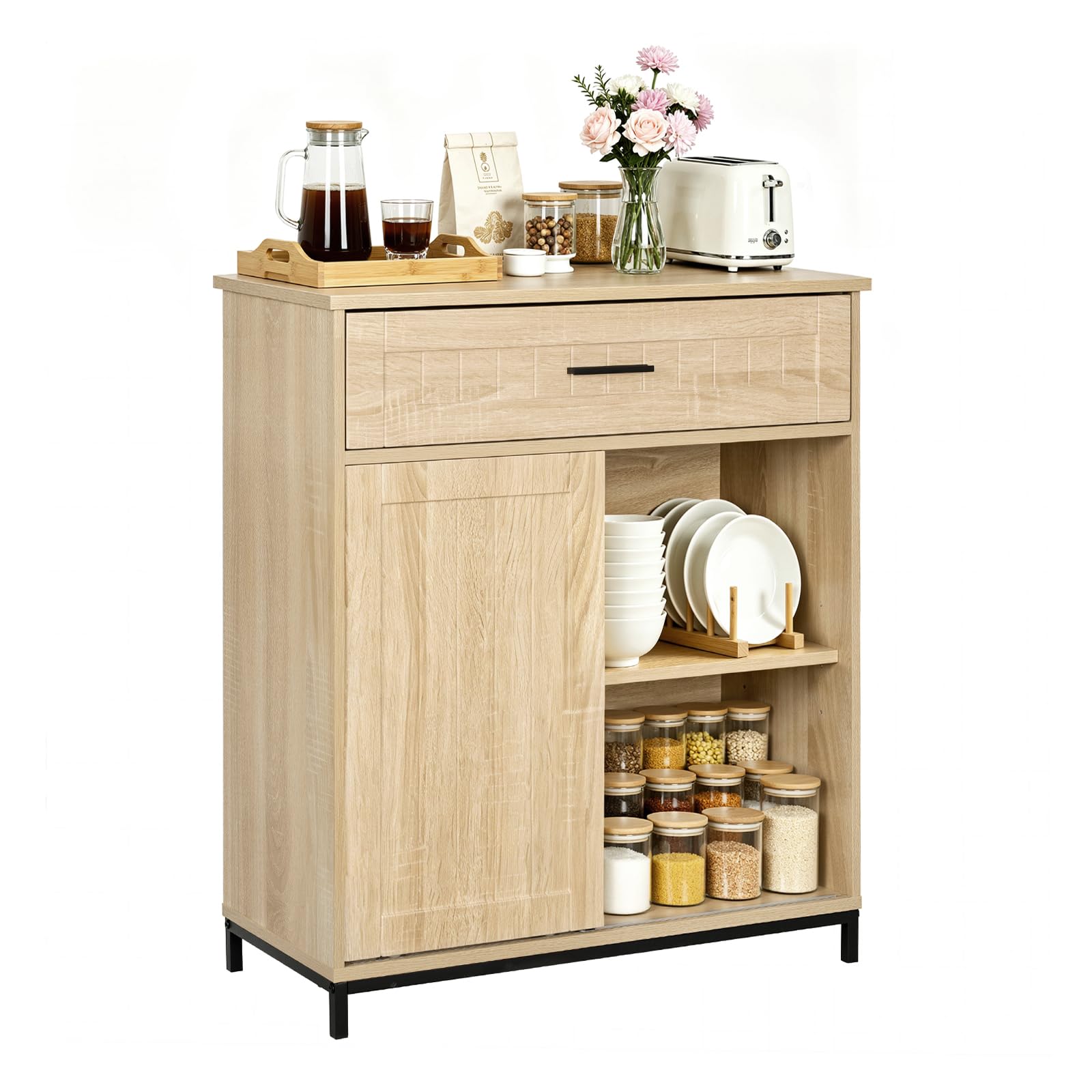 WOLTU Aparador Cocina, Mueble de Cocina para Almacenamiento, con Cajón, Puerta Corredera, para Comedor y Salón, 70x30x80,2 cm, de MDF y Metal, Roble Claro + Negro
