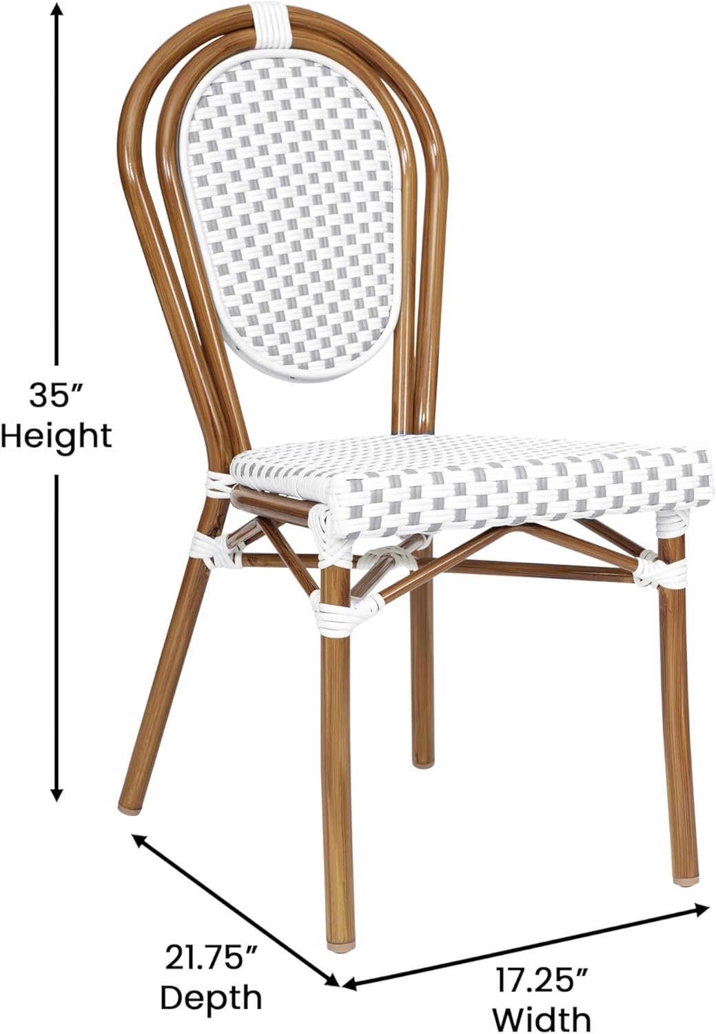 Flash Furniture Lourdes Indoor/Outdoor Commercial Thonet Bistro Stack Chair - White/Gray PE Rattan Back and Seat - Natural Bamboo Print Metal Frame - Set of 2