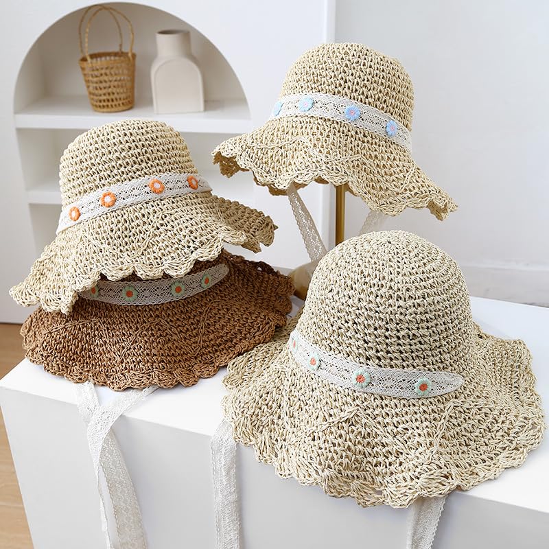 Sombrero de Verano para Mujer,con Protección UV,ala Ancha de Paja,con Encaje y Decoración Floral,Plegable,Flexible,Transpirable,para Playa,para Exteriores,Vacaciones y Viajes