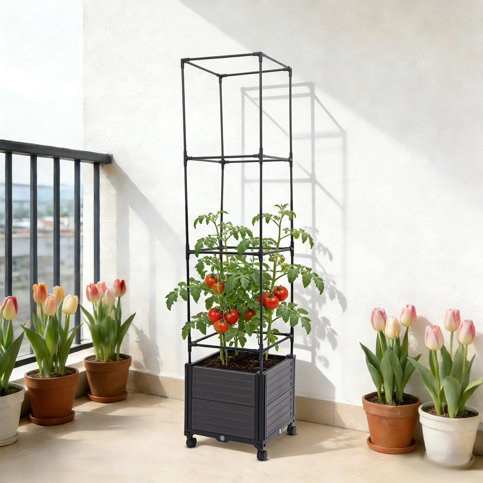 Macetero con soporte para enredaderas, maceta con enrejado 2 en 1, jardinera con ruedas y almacenamiento de riego, jardinera para plantas trepadoras, verduras, flores (dos pisos, techo plano)