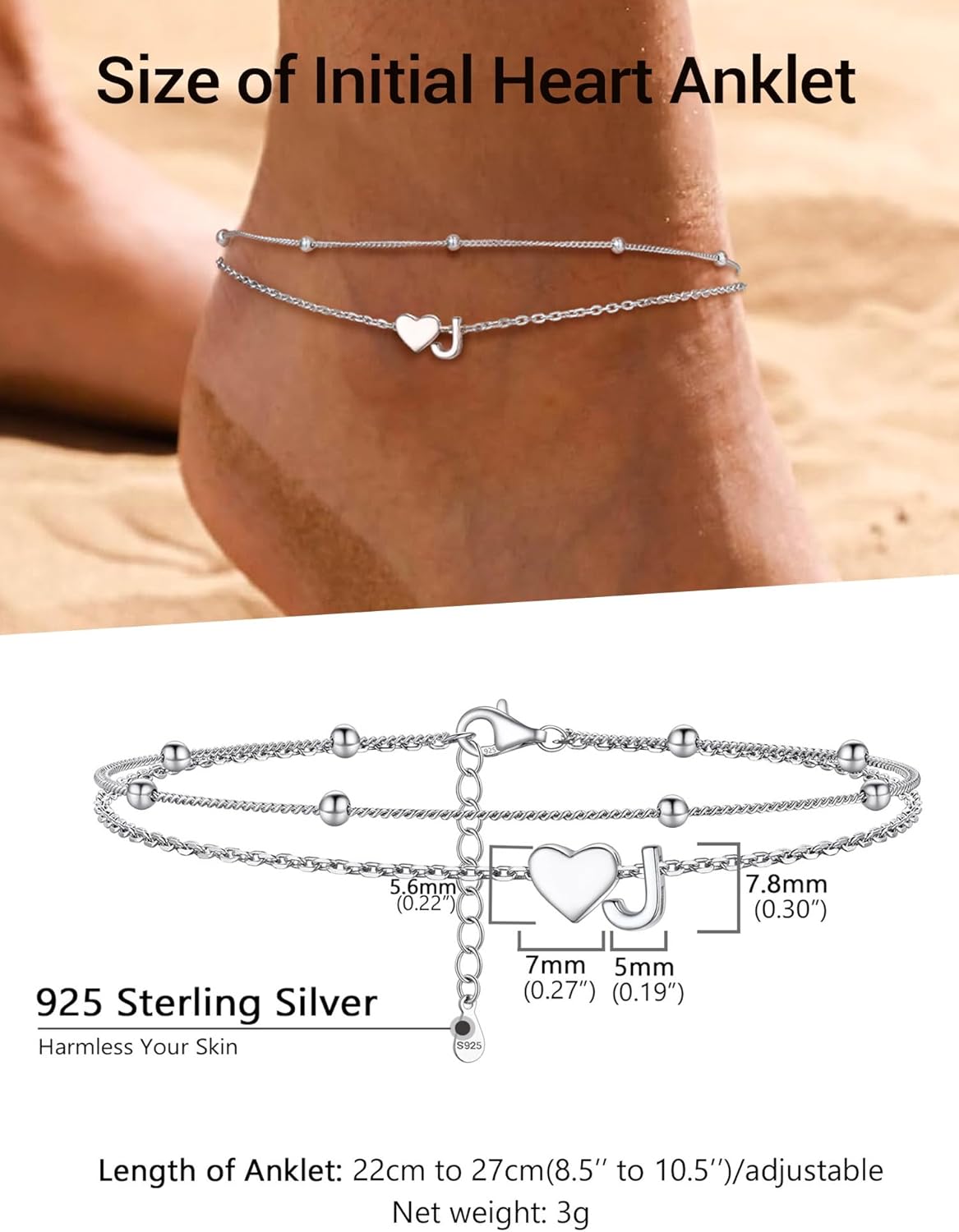PROSILVER Ankle Bracelets for Women S925 Sterling Silver Anklets for Women Waterproof, Dainty Layered Heart Anklet, Beach Initial Anklet for Summer, Letter A-Z - Image 4