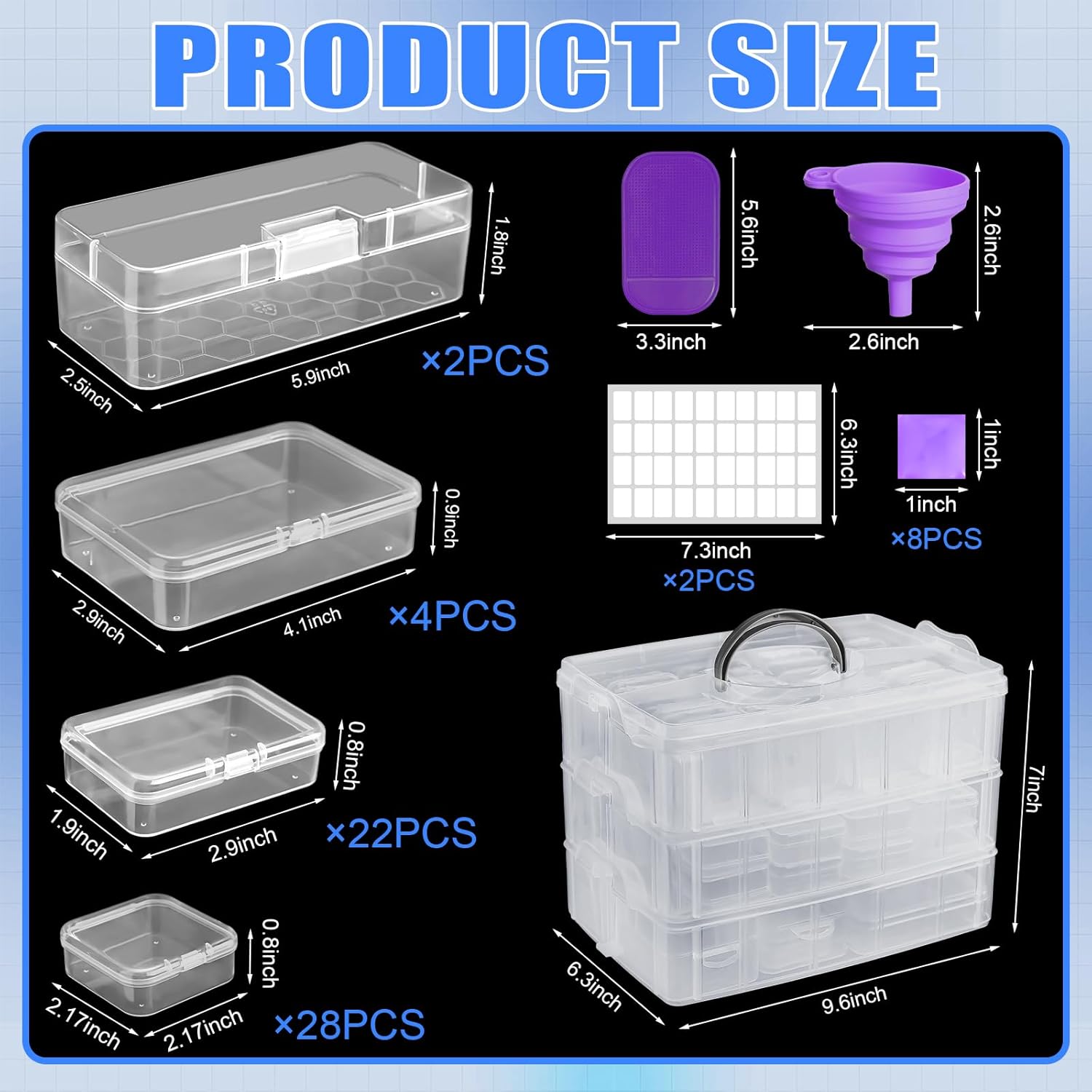 Willinglong 3 Tier Bead Organizer Box, 56 Small Organizers, Bead Storage Containers Portable Diamond Storage Box Stackable Plastic Cases for Bracelet Making DIY Fuse Beads Jewelry Charms(Purple)