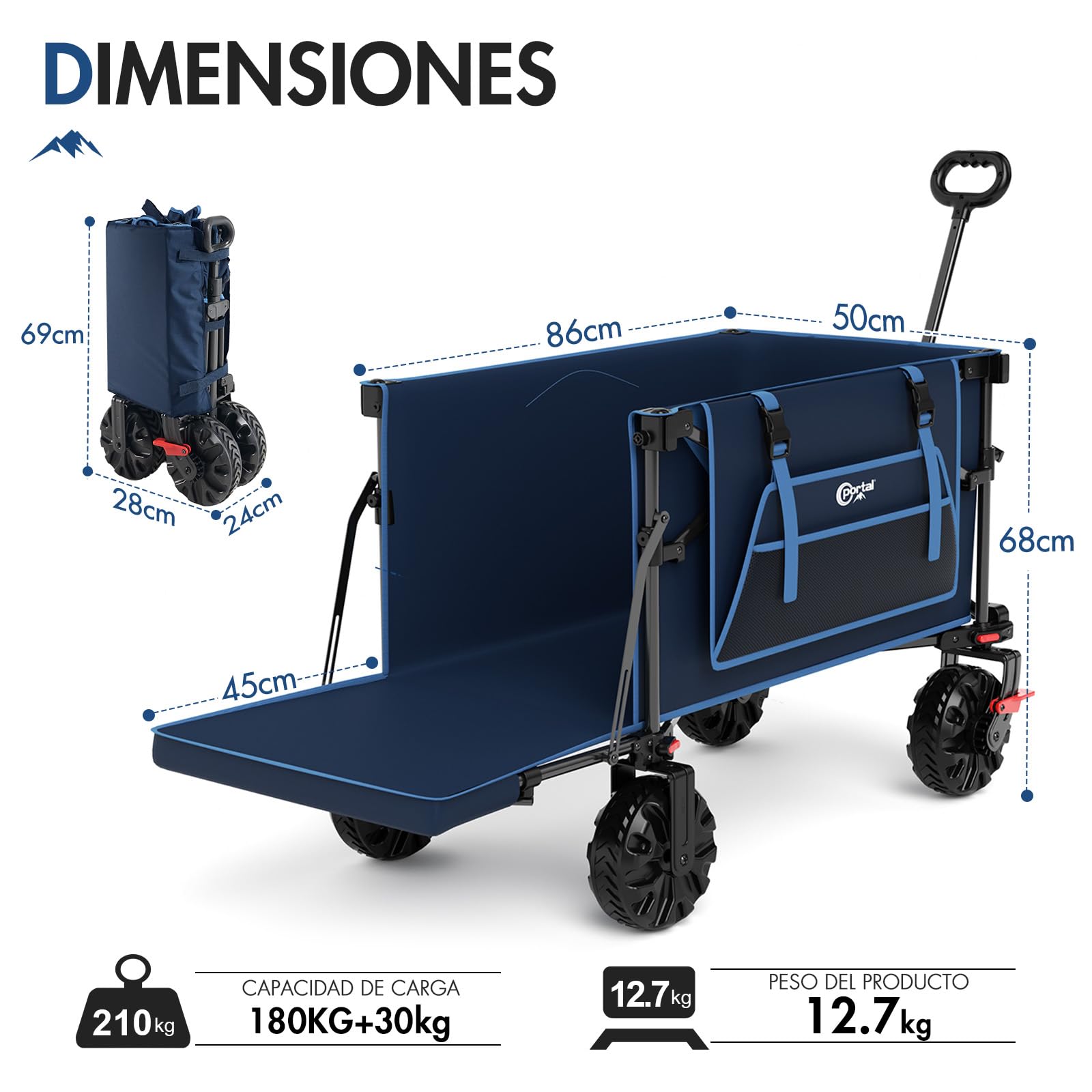 Portal Carro Playa Plegable XXL 400L – Carro Plegable de Playa con Ruedas Grandes y Portón Trasero Abatible, Capacidad 210 kg, con Freno – Vagón para Camping, Jardín y Festivales