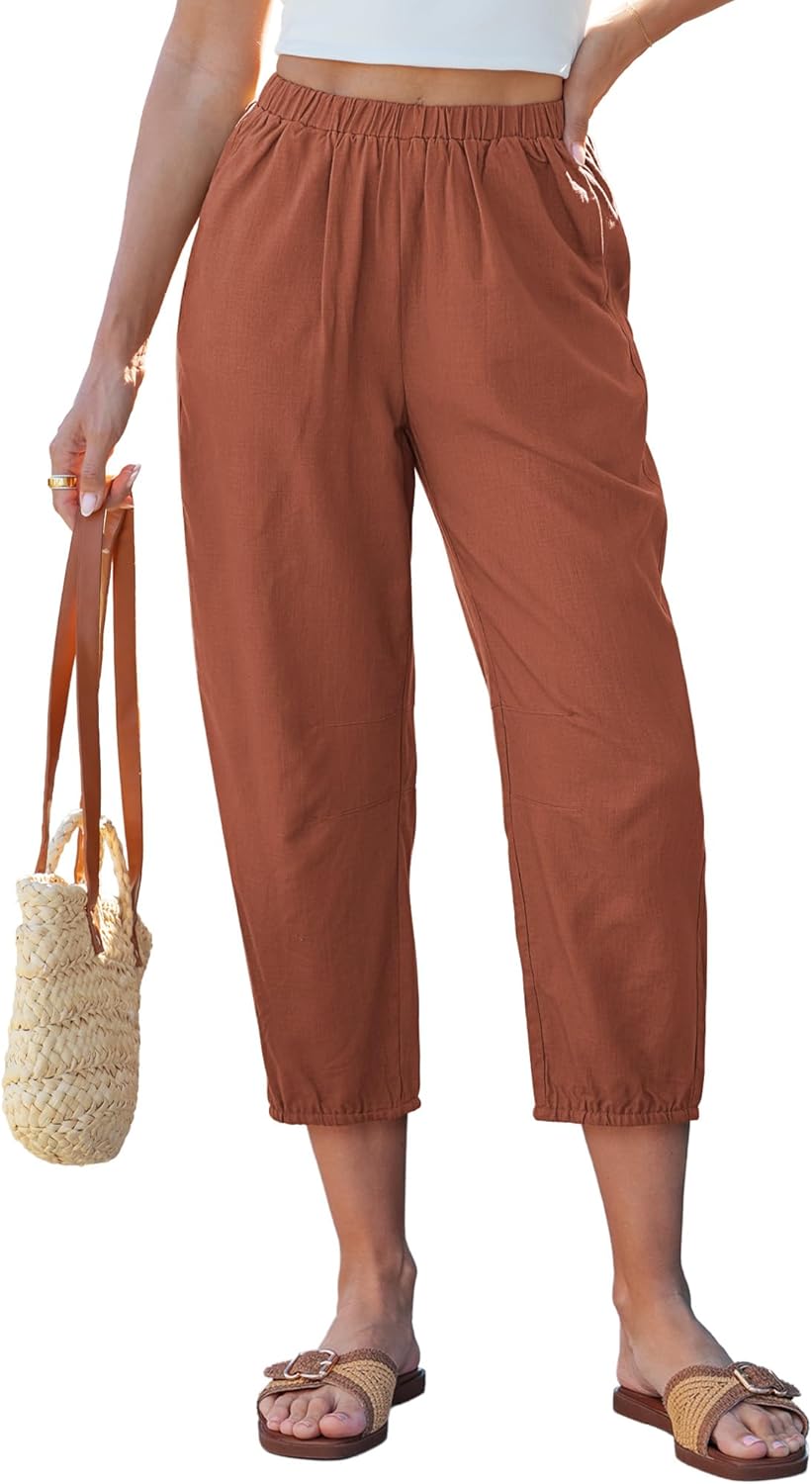 GRAPENT Capri Pants for Women Linen Barrel High Waisted Pull On Elastic Waist Casual Summer Capris Beach Vacation Pants