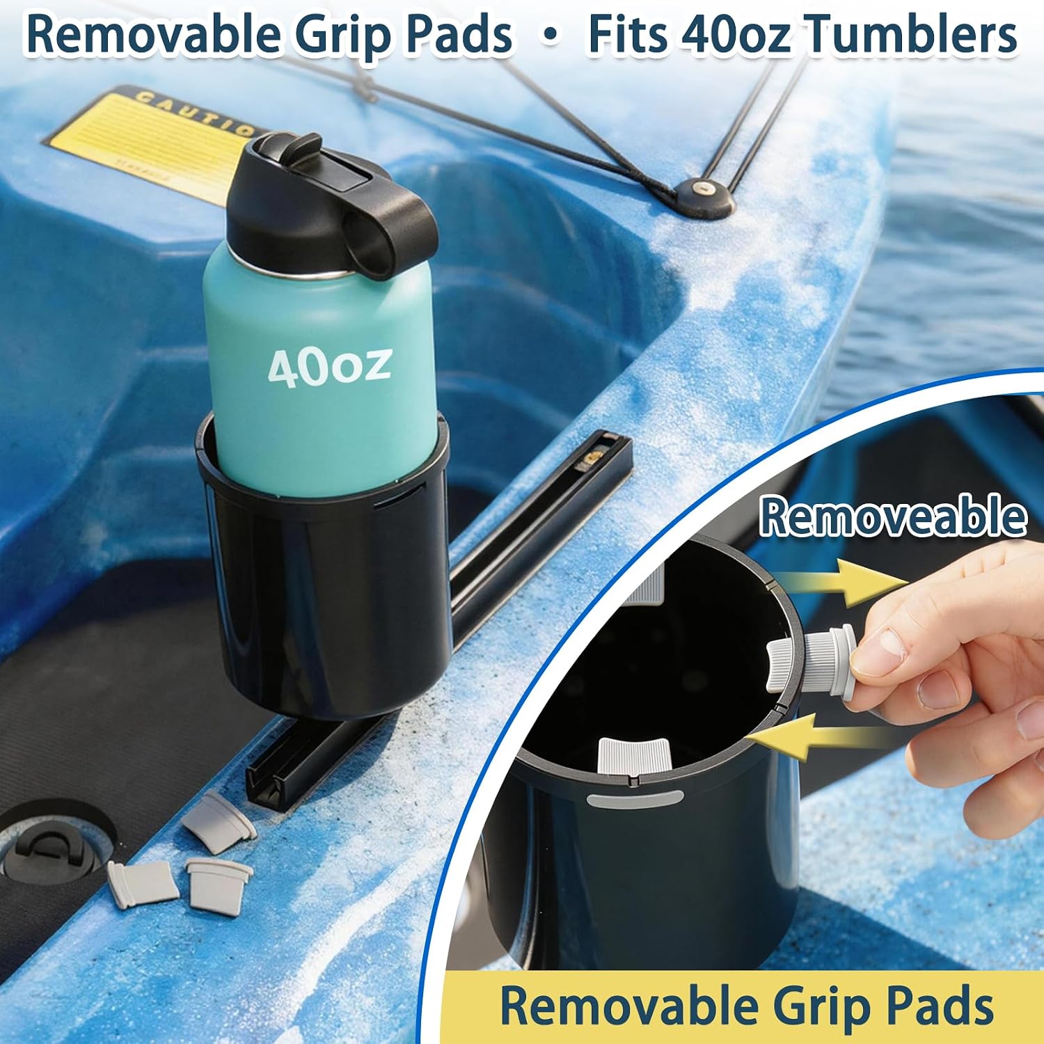 2Pcs Upgraded Kayak Cup Holder with Track & Clamp Mount, 360° Adjustable Cup Holder Fits 12oz-40oz Tumblers, 2-in-1 Cup & Storage Bin for Kayak Fishing, Tree Stand Hunting, Fits Round & Square Rods