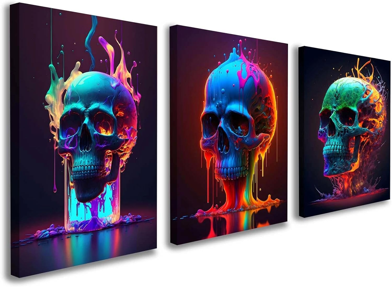 3 Piece Canvas Wall Art Set Framed Modern Abstract Colorful Skull Artwork for Living Room, Bedroom, Office, or Gaming Room Decor, Includes Hooks and Nails, 12x16 Inch