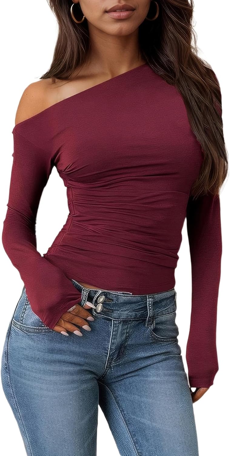 Women's Sexy Off The Shoulder Tops Long Sleeve Spring T-Shirt Slim Fitted Solid Y2K Going Out T Shirts Top Y01 - Image 3