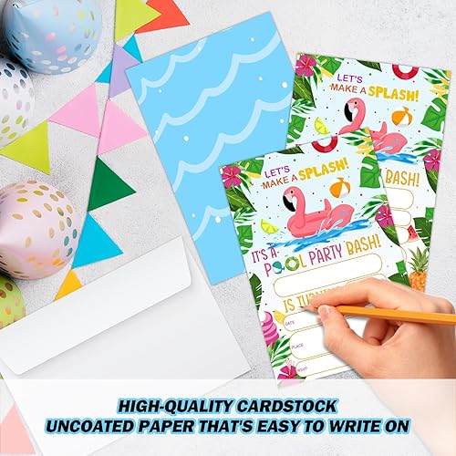 Miniatura 4 de Splish Splash Pool Invitación de fiesta de cumpleaños, tarjetas de invitación de fiesta de piscina de flamenco para niños y niñas, suministros de