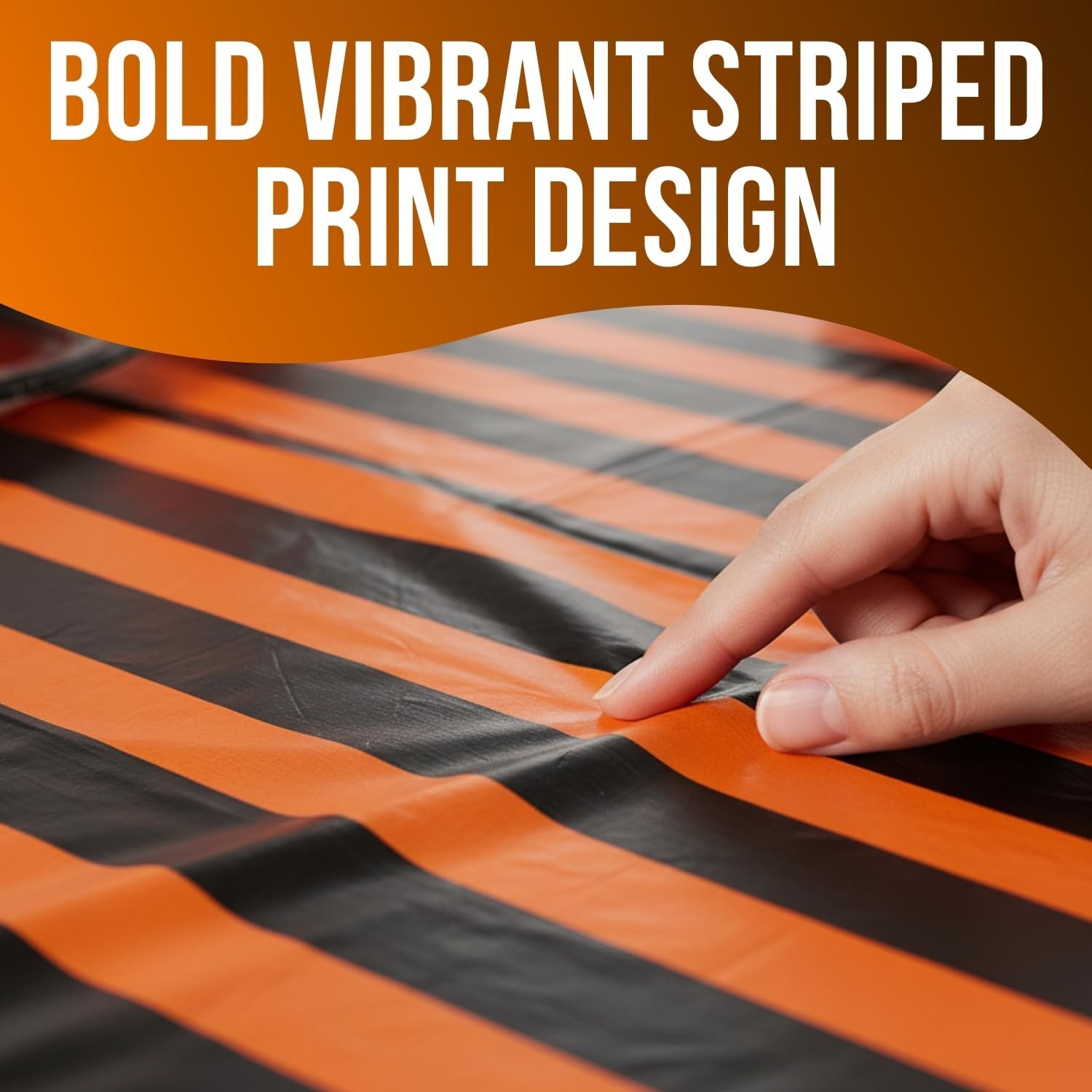 Fun Express 54" x 108" Halloween Orange & Black Striped Disposable Plastic Tablecloth