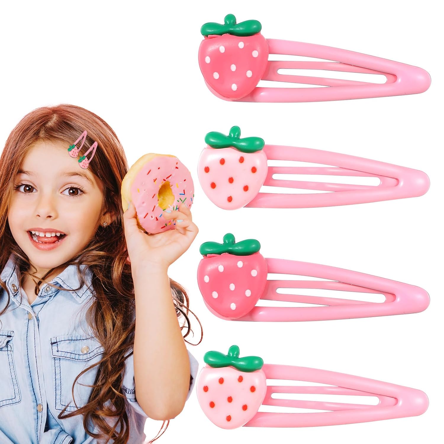 4Pcs Strawberry Hair Clips for Women Girls – Pink Cute Hair Accessories, Kawaii Plastic Snap Barrettes for Teens, Kids, Party Gifts - Image 3