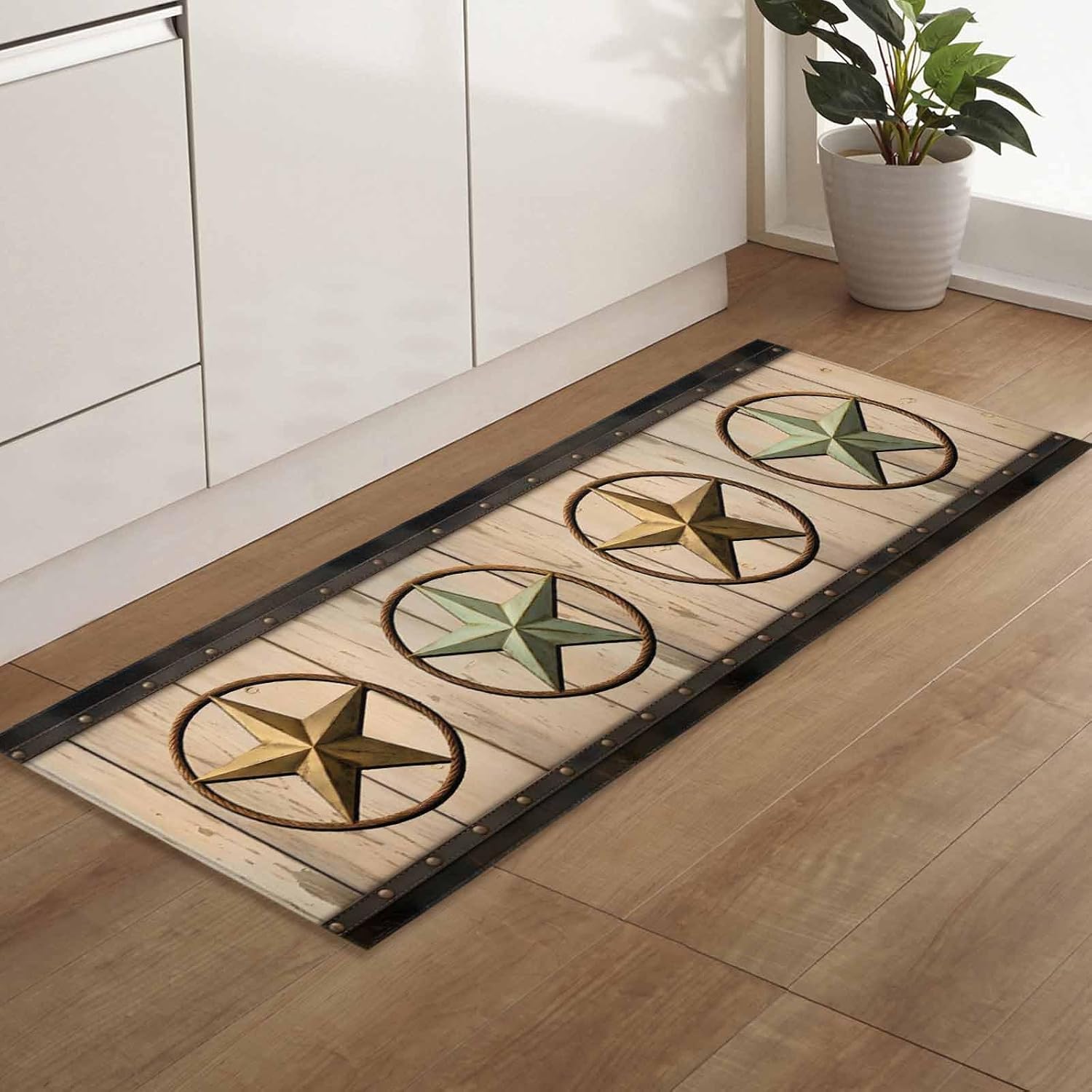 Teamery Kitchen Mats for Floor Farmhouse Vintage Brown Western Star Washable Non Slip Kitchen Rugs 1PCS, Rustic Wood Board Absorbent Standing Mats for Sink Bathroom Office Living Room 23.6x70.9in