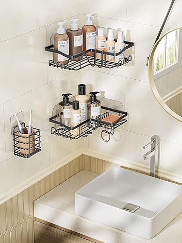 Miniatura 7 de Juego de organizador de ducha, juego de 3 organizadores de ducha esquineros con soporte y 15 ganchos, estantes de ducha de acero inoxidable 304 para