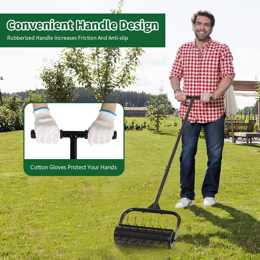Lawn Aerator, 17'' Grass Rolling Aerators Tool Manual Garden Aerator with Handle Aeration Tool Lawn Steel Nails Aerator Machine with Sandbag, Patio Soil Roller Air Aerator Tool for Yard