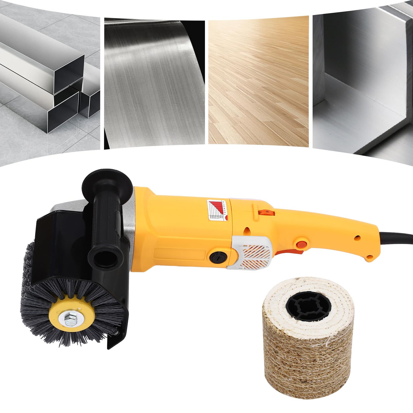Máquina de satén de 1,4 kW, lijadora de cepillos de madera para renovar todo tipo de superficies, velocidad ajustable, con 2 cepillos de carbón, 1 rueda de lona
