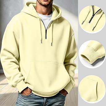 Men's Hoodie Quarter Zip Pullover Basic Sweatshirt Men Drawstring Hooded with Plain Elastic Hem Hoodies