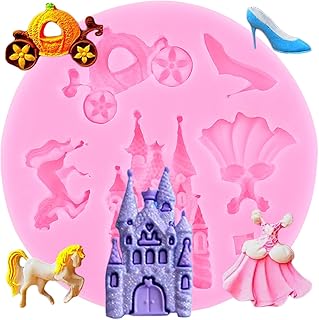 Cinderella Themed Fondant Molds Fairy Tales Castle Pumpkin Carriage Princess Dress Crystal Shoes Silicone Mold For Cake Decorating Cupcake Topper Chocolate Candy Gum Paste Polymer Clay
