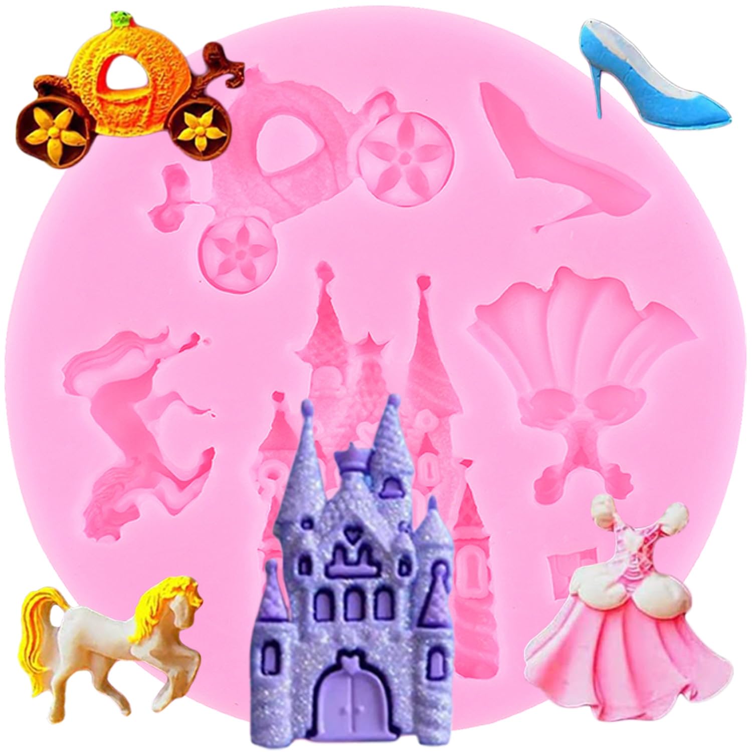 YIHUOMOLDS Cinderella Themed Fondant Molds Fairy Tales Castle Pumpkin Carriage Princess Dress Crystal Shoes Silicone Mold For Cake Decorating Cupcake Topper Chocolate Candy Gum Paste Polymer Clay
